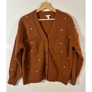 Dip Rust Orange/Brown Embroidered Sweater Cardigan Chunky Oversized Floral Sz M